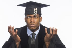 Young black college graduate with tuition debt, horizontal